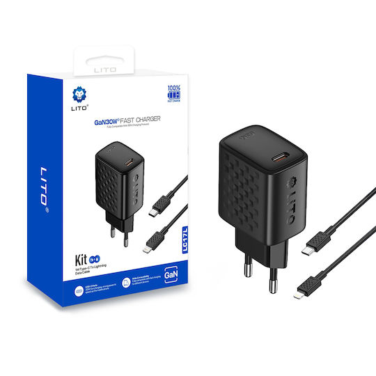 Lito Ladegerät GaN mit USB-C Anschluss und Kabel USB-C - Lightning 30W Stromlieferung Schwarzs (LC17L)