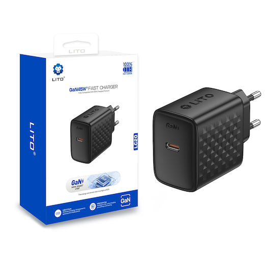 Lito Ladegerät ohne Kabel GaN mit USB-C Anschluss 45W Stromlieferung Schwarzs (LC20)