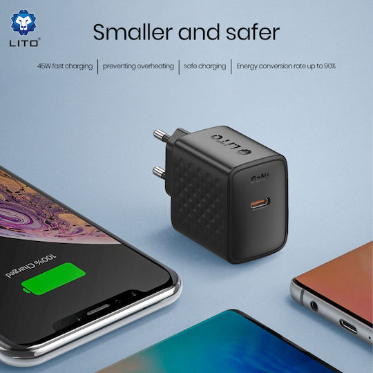 Lito Ladegerät ohne Kabel GaN mit USB-C Anschluss 45W Stromlieferung Schwarzs (LC20)