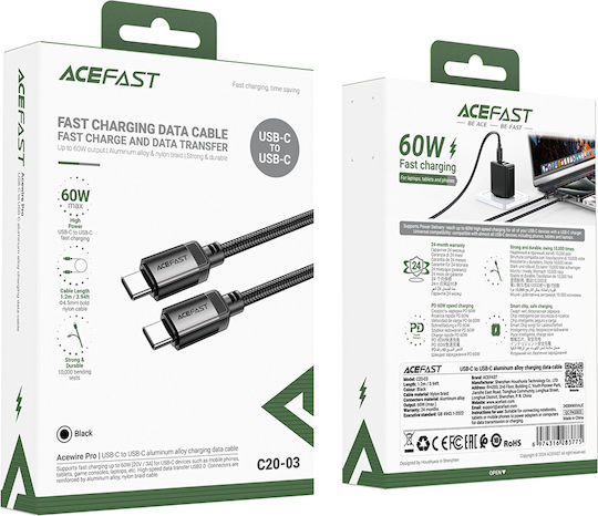 Acefast Braided USB 2.0 Cable USB-C male - USB-C 60W Μαύρο 1.2m C20-03