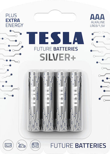 Tesla Batteries 4 Pack Alkaline Batteries AAA Silver+ 1.5V