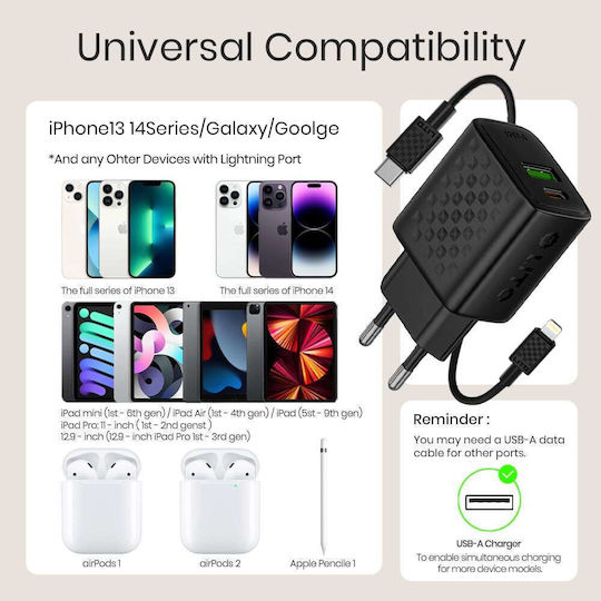 Lito Charger GaN with USB-A Port and USB-C Port and Cable USB-C - Lightning 20W Power Delivery Blacks (LC15)