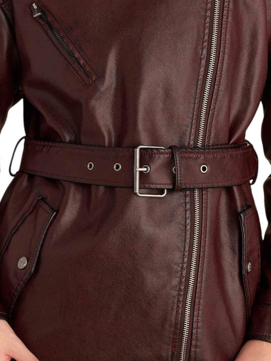 Women's Biker Artificial Leather Jacket for Winter Oxblood