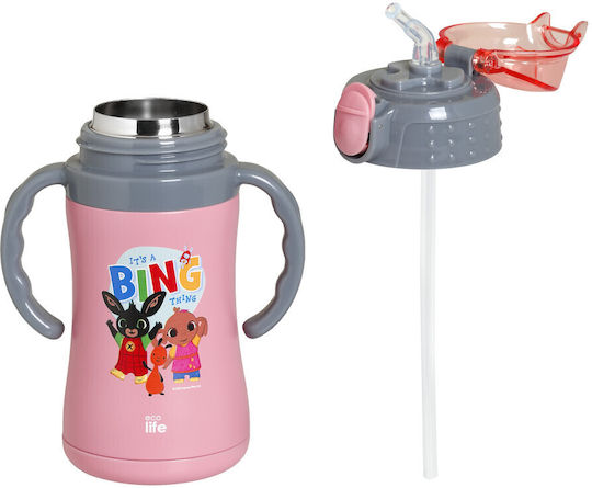 Ecolife Kids Water Bottle Thermos Stainless Steel with Straw Pink 300ml