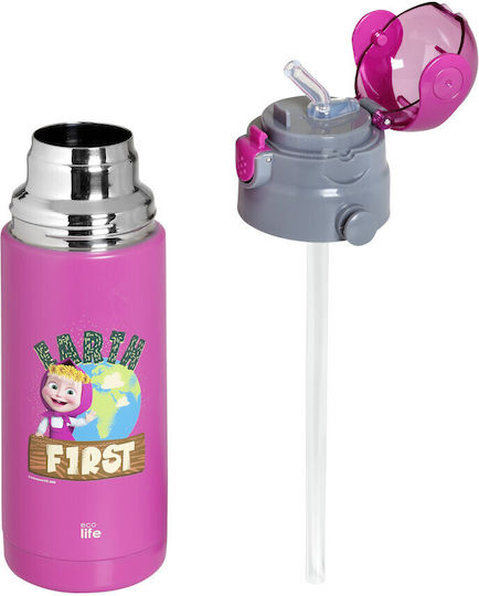 Ecolife Kids Water Bottle Thermos Stainless Steel with Straw Fuchsia 400ml