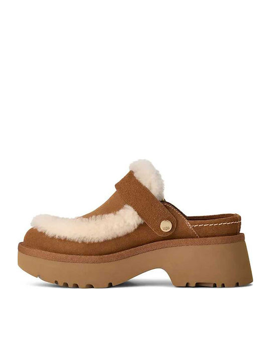 Suede Mules with Chunky High Heel in Brown Color