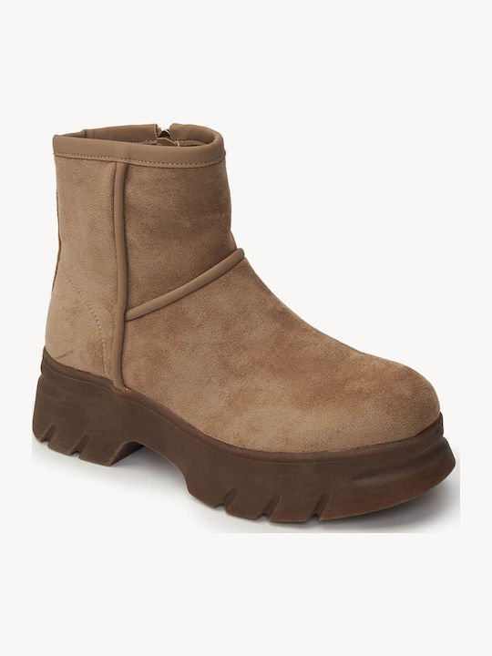 Beige Stiefeletten Traktorenprofil Sohle Wildleder