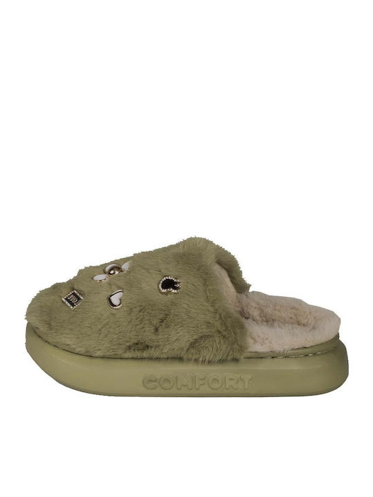 Winter Women's Slippers with Fur Green