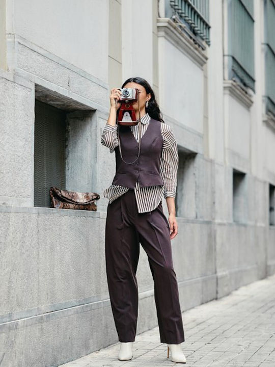 Women's High-waisted Fabric Trousers Regular Fit Brown