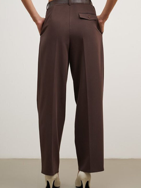 Women's High-waisted Fabric Trousers Regular Fit Brown