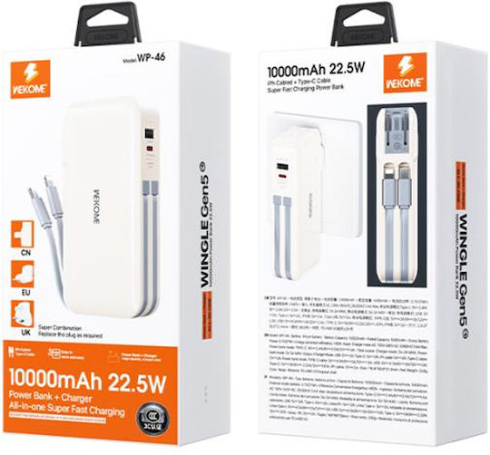 WK WP-46 Power Bank 10000mAh 22.5W with USB-A Port and USB-C Port Beige
