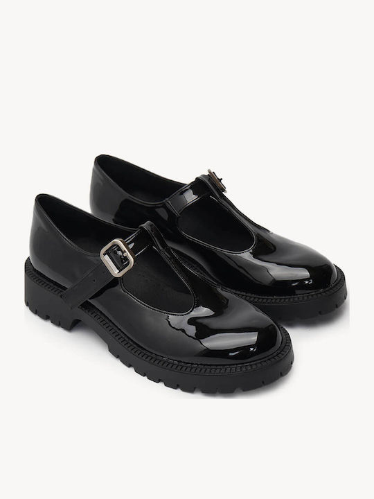 Μαύρα Loafers Mary Jane Γυαλιστερή Υφή