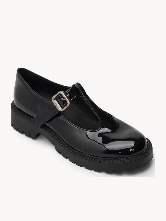 Μαύρα Loafers Mary Jane Γυαλιστερή Υφή