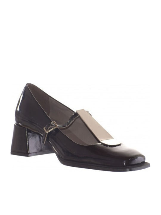 Patent Leather Black Medium Heels with Strap