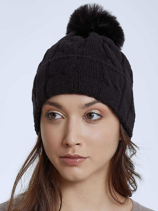 Pom Pom Beanie Unisex Beanie with Knit in Black color