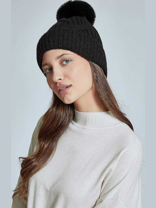 Pom Pom Beanie Unisex Σκούφος Πλεκτός σε Μαύρο χρώμα