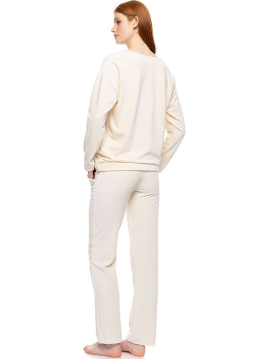 Pink Label Set De Pijamale Dama De Iarnă Din Bumbac Off White