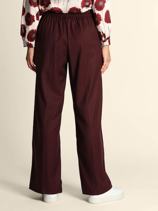 Women's Fabric Trousers with Elastic Regular Fit Burgundy