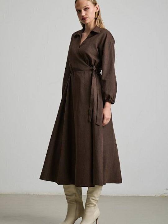 Midi Dress Long Sleeve Wrap Brown