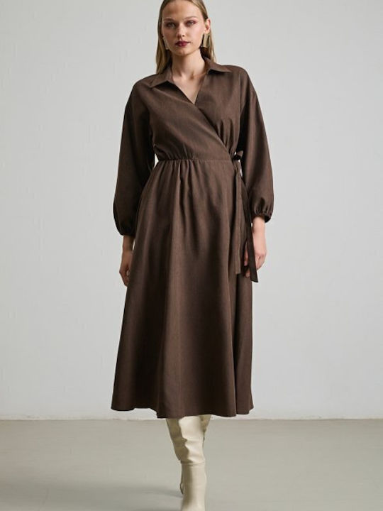 Midi Dress Long Sleeve Wrap Brown