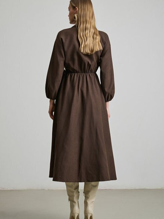 Midi Dress Long Sleeve Wrap Brown