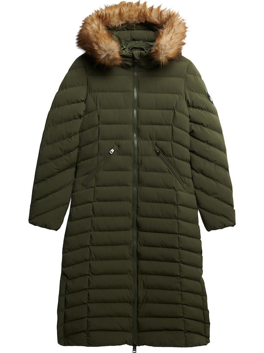 Fuji Faux Μακρύ Γυναικείο Μπουφάν για Χειμώνα Beetle Green