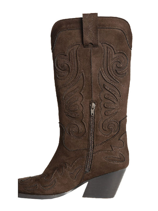 Synthetic Leather Medium Heel Women's Boots Brown
