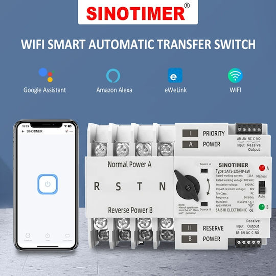 Sinotimer Τετραπολικός Μεταγωγικός Διακόπτης Ράγας WiFi 230V 125A