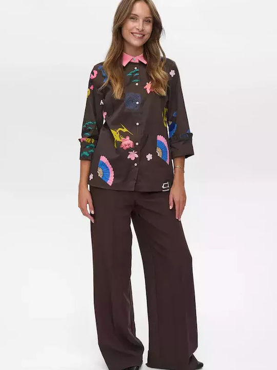Long Sleeve Women's Corduroy Shirt Black Coffee Floral