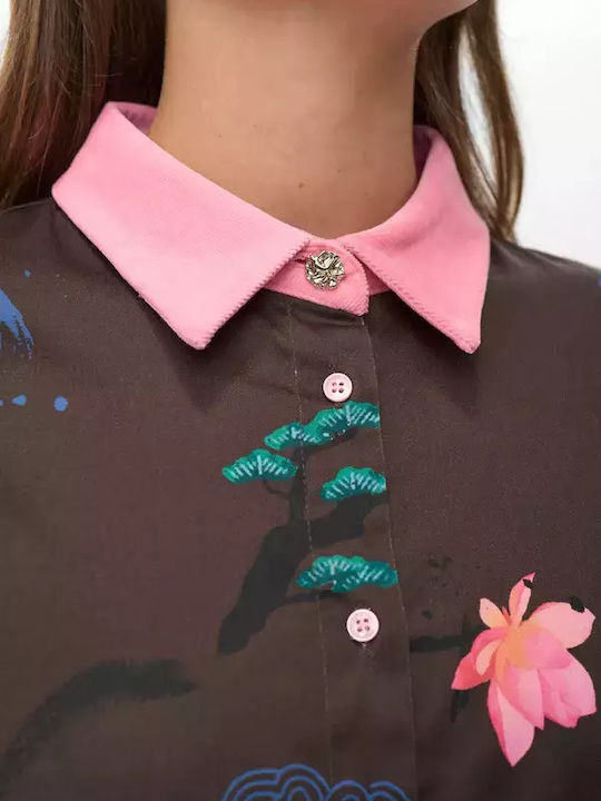 Long Sleeve Women's Corduroy Shirt Black Coffee Floral