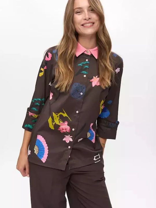 Long Sleeve Women's Corduroy Shirt Black Coffee Floral