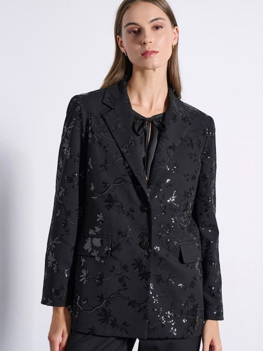 Matis Fashion Μακρύ Γυναικείο Σακάκι Black με Παγιέτες