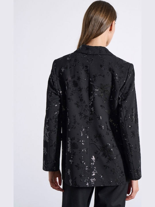 Matis Fashion Μακρύ Γυναικείο Σακάκι Black με Παγιέτες