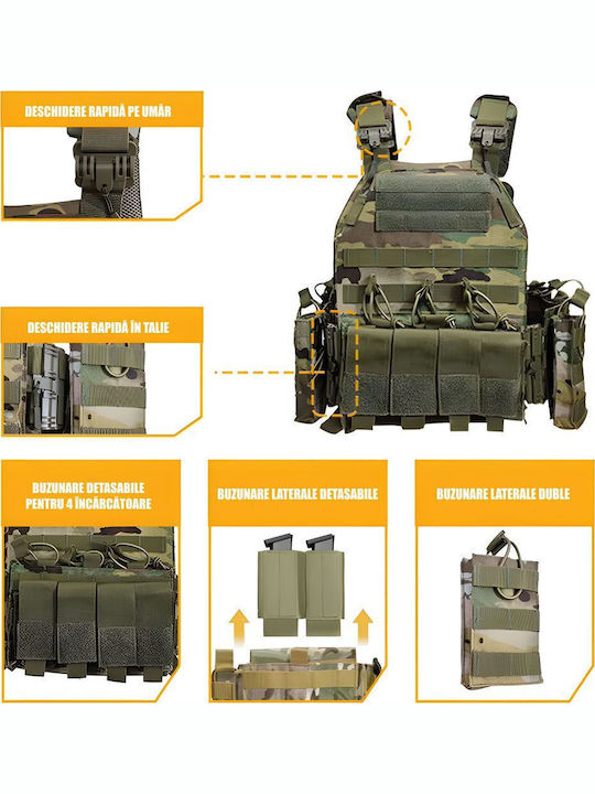 Vestă Tactică Reglabilă Multicam Linovit Tip Plate Carrier Airsoft Paintball Vânătoare în Aer Liber Material Oxford 1000d Sistem Molle Buzunare Multiple Buzunare Interne Plăci Balistice Camuflaj Verde