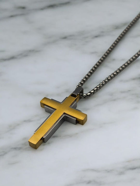 Men's Cross from Gold Plated Steel with Chain