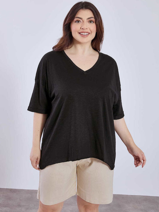 Women's Blouse Cotton with V Neckline Black