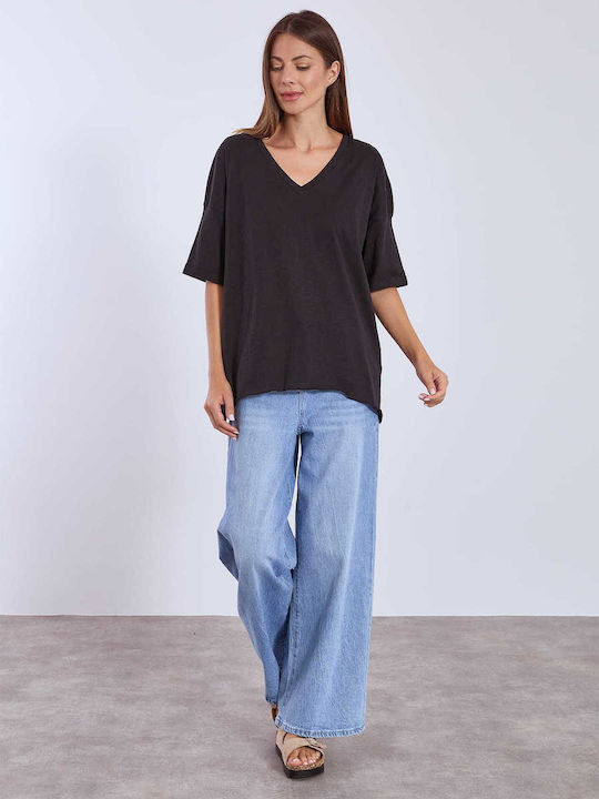Women's Blouse Cotton with V Neckline Black