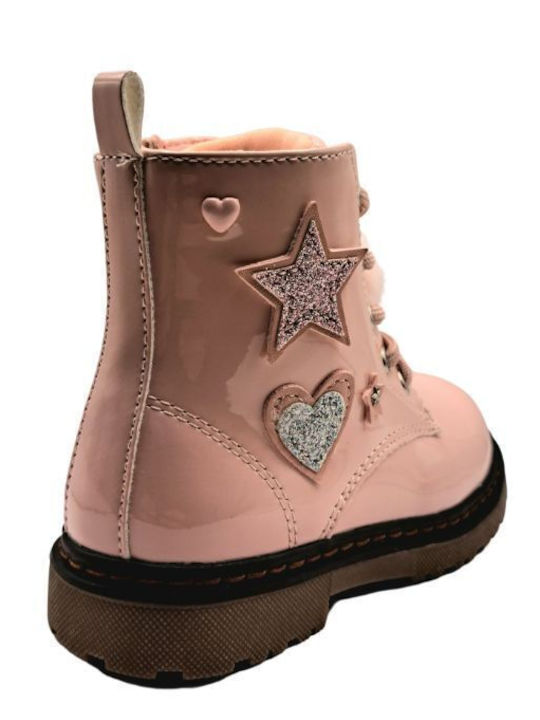 Kids Boots from Patent Leather with Laces Pink