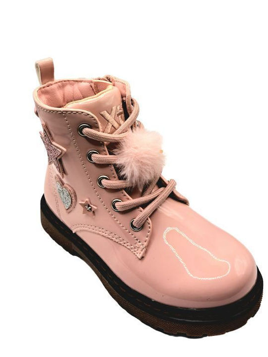 Kids Boots from Patent Leather with Laces Pink