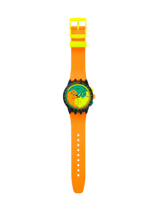 Swatch Unisex Men's Watch Chronograph Battery with Orange Rubber Strap