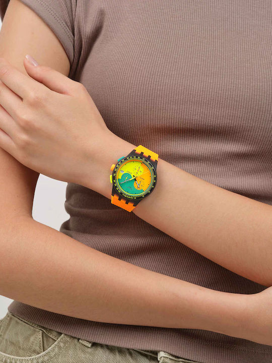 Swatch Unisex Men's Watch Chronograph Battery with Orange Rubber Strap