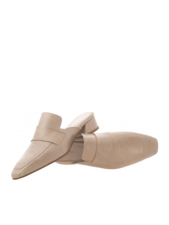 Leather Mules with Heel in Beige Color