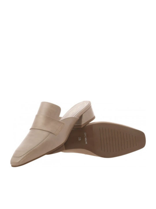 Leather Mules with Heel in Beige Color