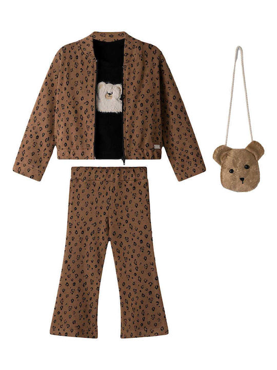Kids Sweatpants Set Brown Leopard 3pcs
