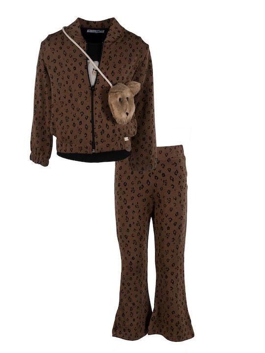 Kids Sweatpants Set Brown Leopard 3pcs