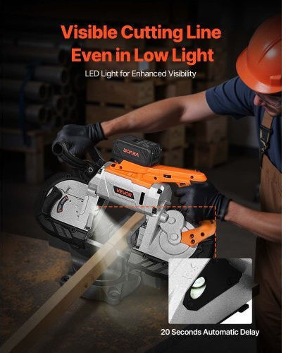 Portable Cordless Band Saw Kit Vevor 20v Battery Charger Cutting Depth 127 mm x 115 mm Metal Band Saw Brushless Motor Variable Speed 0-192 m min Metal Wood Cutting