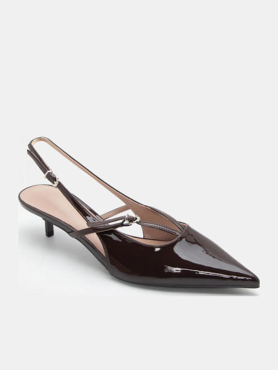 Synthetic Leather Pointed Toe Brown Low Heels with Strap