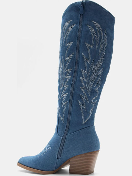 Suede Medium Heel Cowboy Boots with Zipper Blue