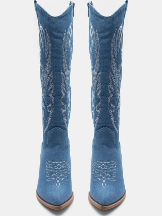 Suede Medium Heel Cowboy Boots with Zipper Blue