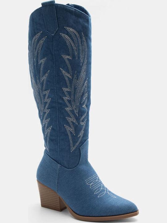 Suede Medium Heel Cowboy Boots with Zipper Blue
